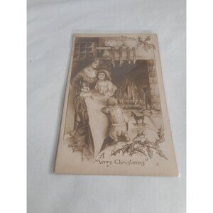 Vintage  Christmas Postcard unposted written Family Child Fireplace Gibson Art C